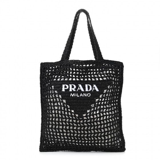 PRADA Raffia Embroidered Logo Tote Bag Black | Fashionphile