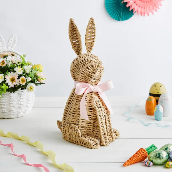 Paper Rattan Bunny Decoration with Bow | Dunelm