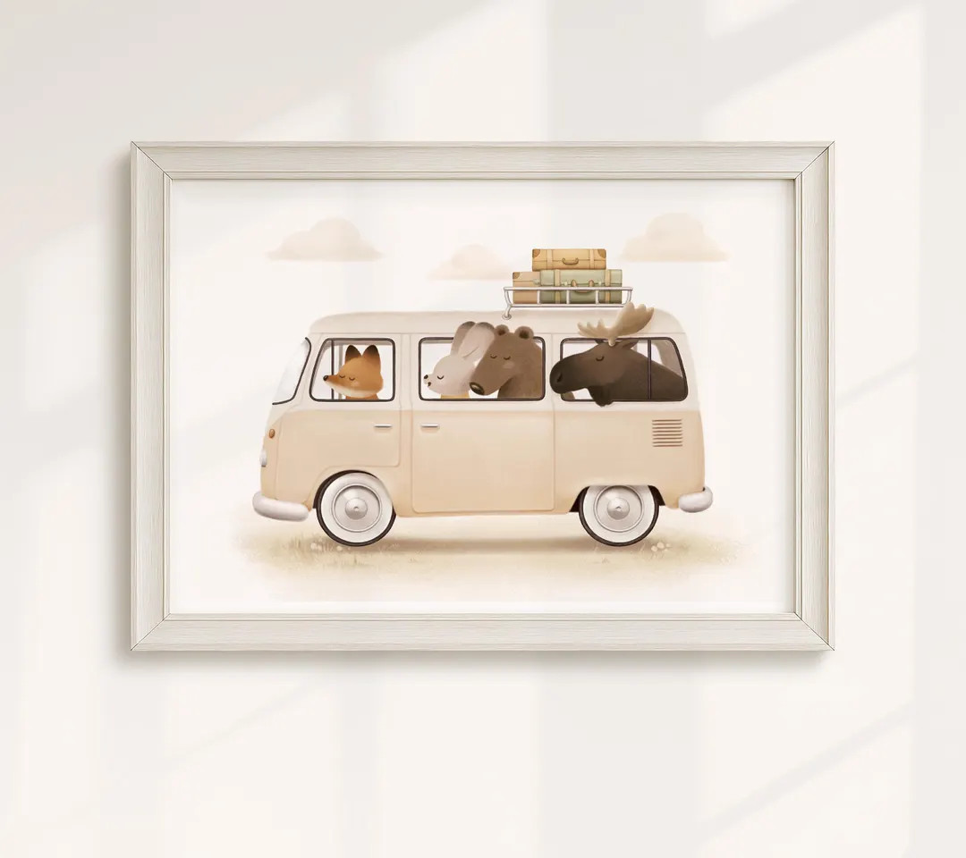 Vintage Van Nursery Print - Whimsical Animals Camper Wall Art for Baby Room | Etsy (US)