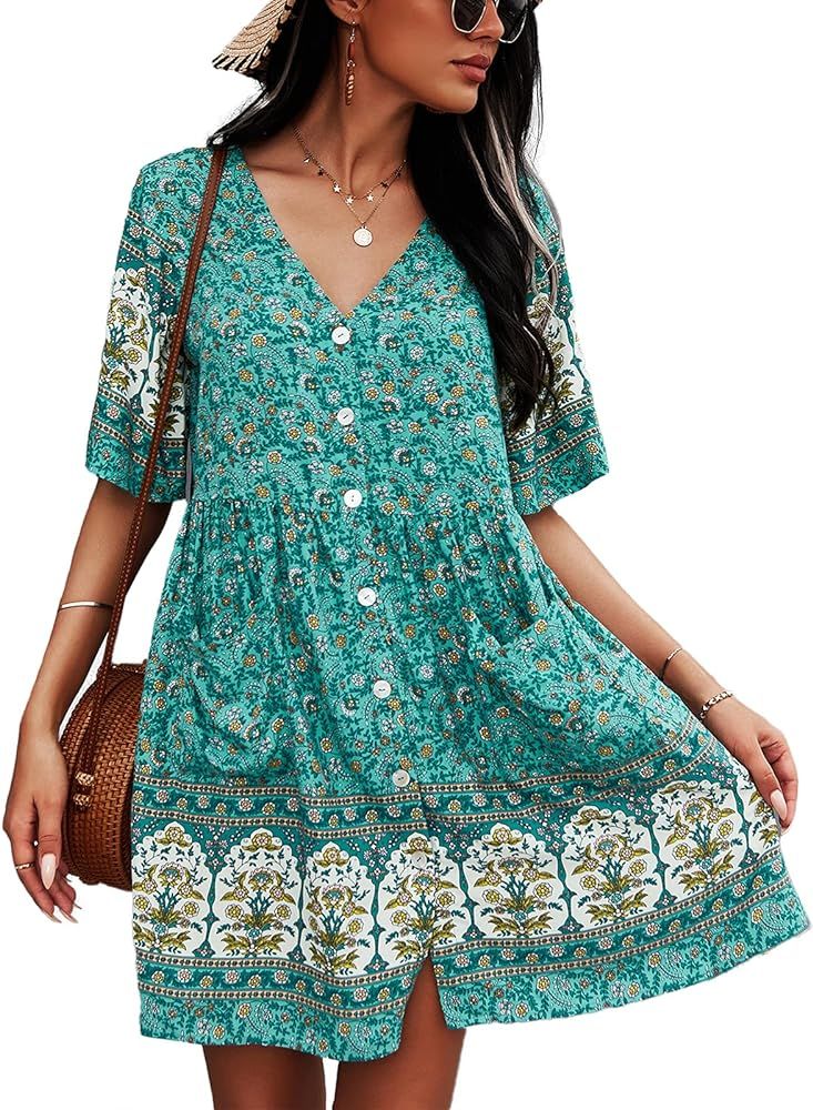 TEMOFON Women's Dress Bohemian Summer V Neck Short Sleeve Floral Printed Button Down Casual Mini ... | Amazon (US)