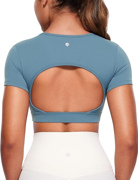 CRZ YOGA Womens Butterluxe Double Lined Open Back Crop Tops Backless Short Sleeve Workout Top Cas... | Amazon (US)