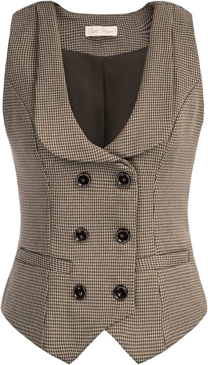 Belle Poque Women Double Breasted Waistcoat Vintage Lapel Collar Vest Coat with 2 Pockets | Amazon (US)