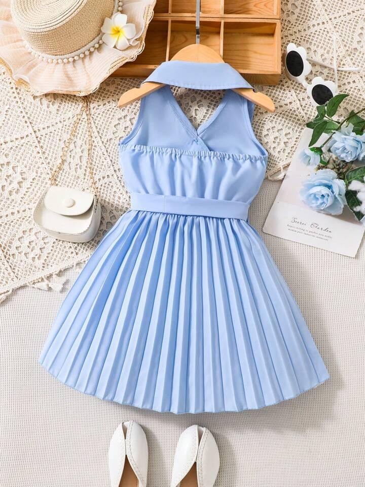 SHEIN Young Girl Pleated Hem Belted Halter Dress Dress Young Girl Blueblue Dress For Young Girl>Cutegirls Dresses Bluegirls Dress Bluebaby Blue Young Girl Dress | SHEIN