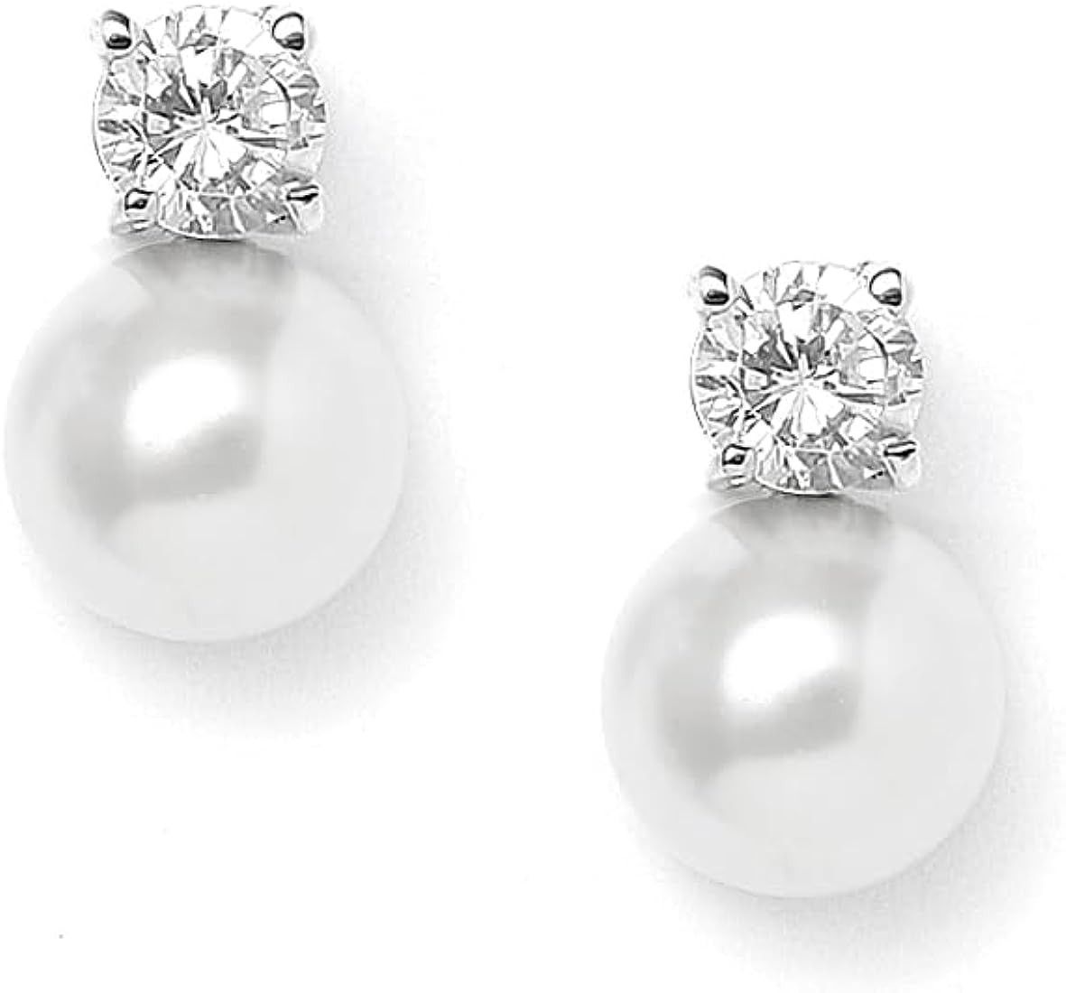White Pearl Bridal Earrings with Cubic Zirconia Crystal Top, 9mm White Pearl Stud Earring, Perfec... | Amazon (US)