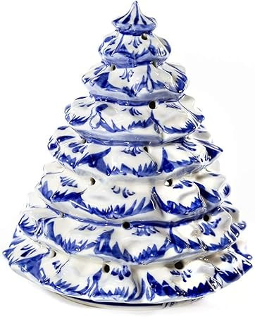Collectible Figurine Illuminated Blue Christmas Tree Figurine Blue & White Porcelain. Gzhel 6.8-i... | Amazon (US)