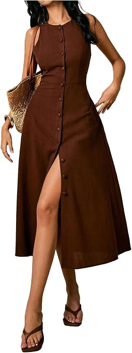 WDIRARA Women's Button Down Sleeveless Linen Midi Dress | Amazon (US)