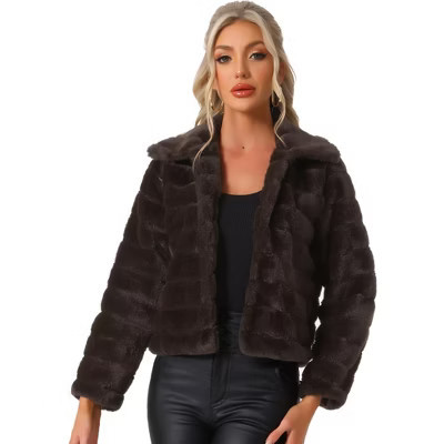 INSPIRE CHIC Women's Collar Warm Winter Outwear Cropped Faux Fur Fluffy Coat Medium Coffee | Target