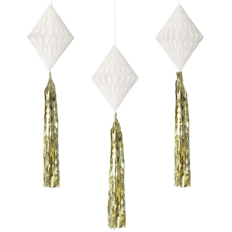 Way to Celebrate! White Tissue Paper Honeycomb Diamonds with Gold Tassels, 3ct | Walmart (US)