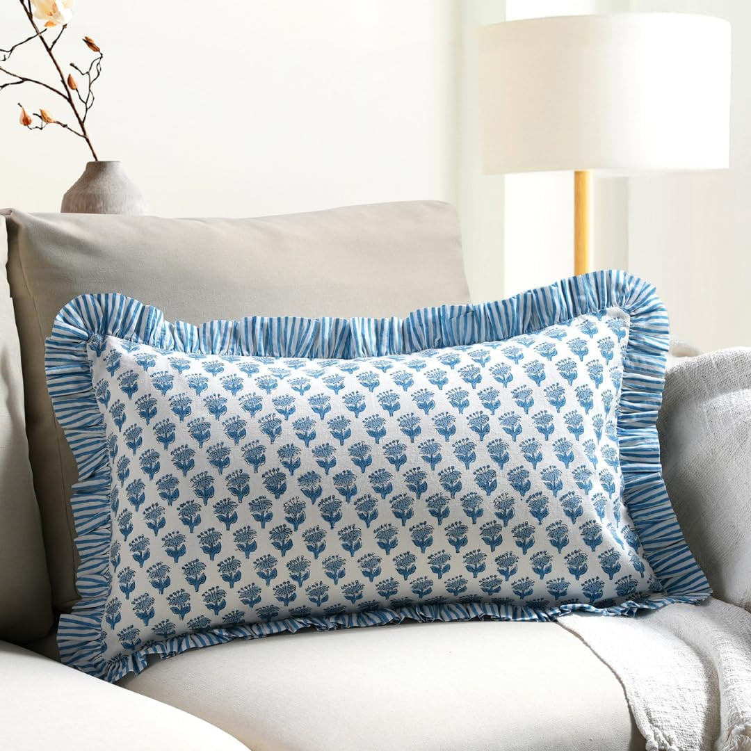 CPC Apatite Blue 100% Cotton Block Print Ruffle Sham Cover 12x20 inch, Handmade Boho Floral Pillowcase, Farmhouse Cottagecore Bedding, Soft Decorative Cushion Cover for Bedroom Décor | Amazon (US)