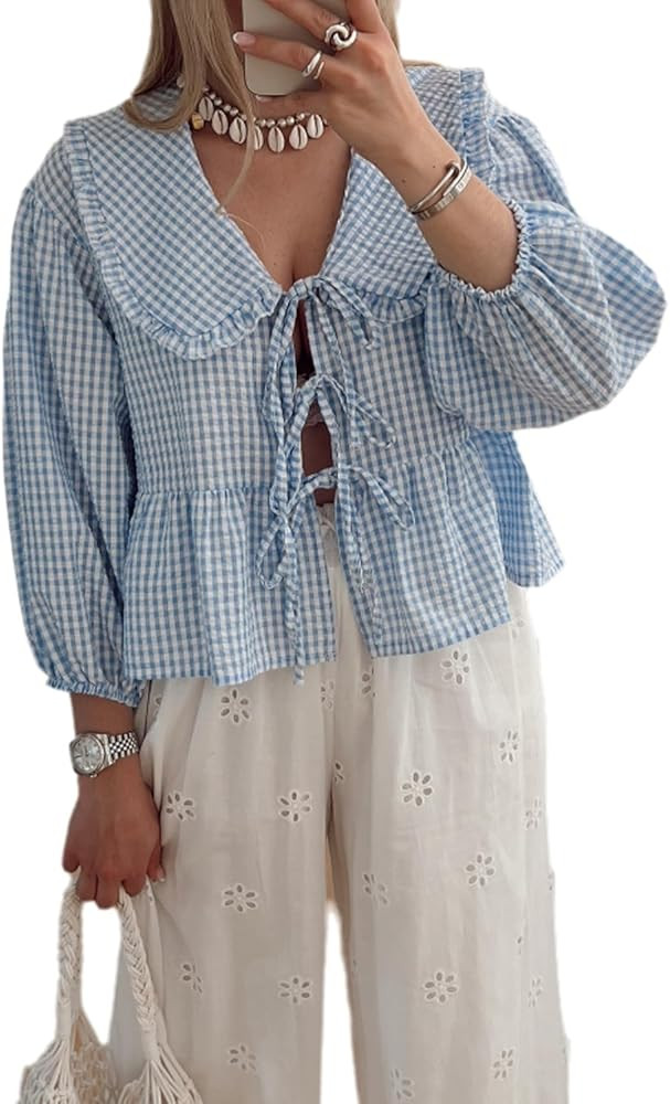Women Lapel Doll Collar Blouse Puff Sleeve Pleated Tie Front Peplum Shirts Summer Cute Babydoll T... | Amazon (US)