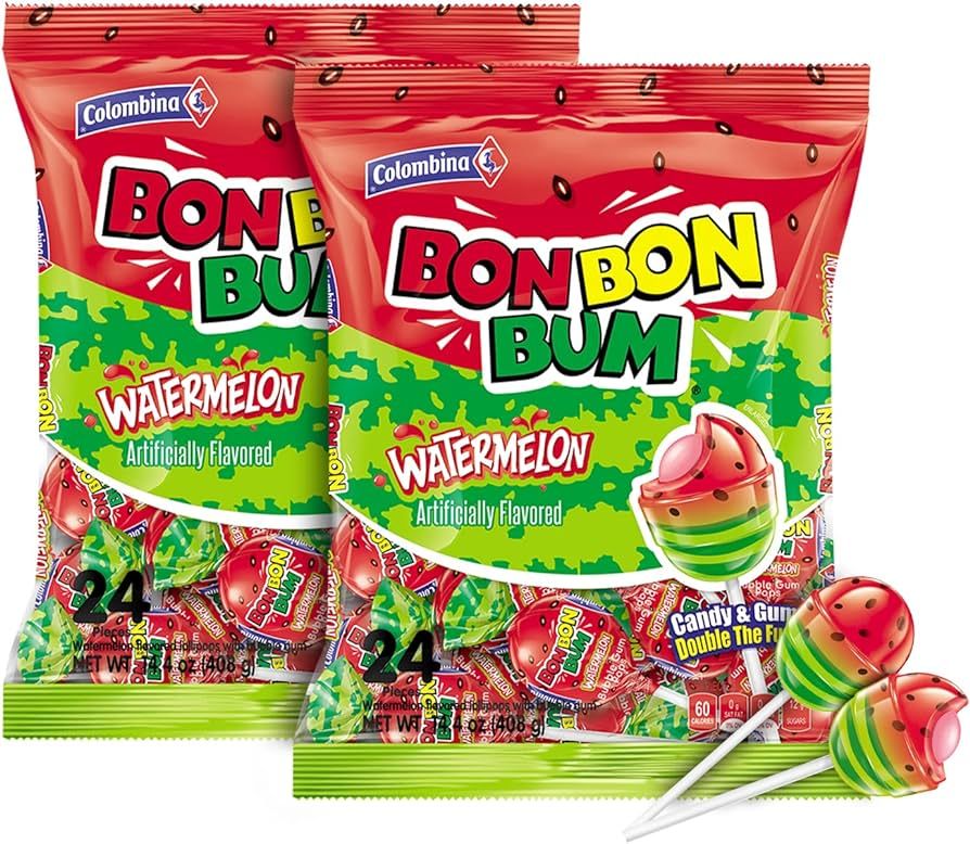 Colombina Bon Bon Bum Lollipops w/Bubble Gum Center - Watermelon Candy Flavor, Pack of Individual... | Amazon (US)