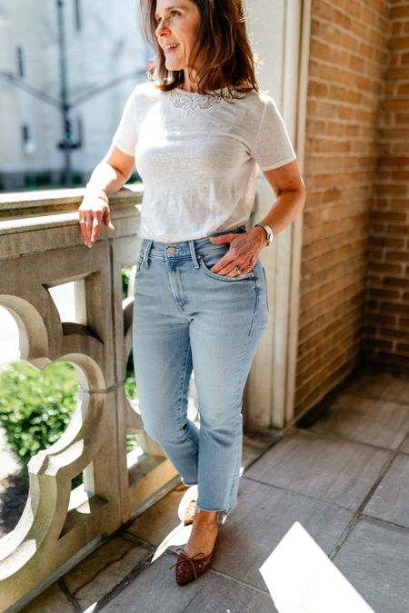 Petite jeans from Mother so good I can’t decide which view is best….front, side , or rear.  This jean is a must for summer.  Perfect with sandals, mules, and sneakers.  Run TTS.  Wearing 25.

A white tee that isn’t just a plain white tee. 
#ltkpetite #petite

#LTKshoecrush #LTKstyletip #LTKover40