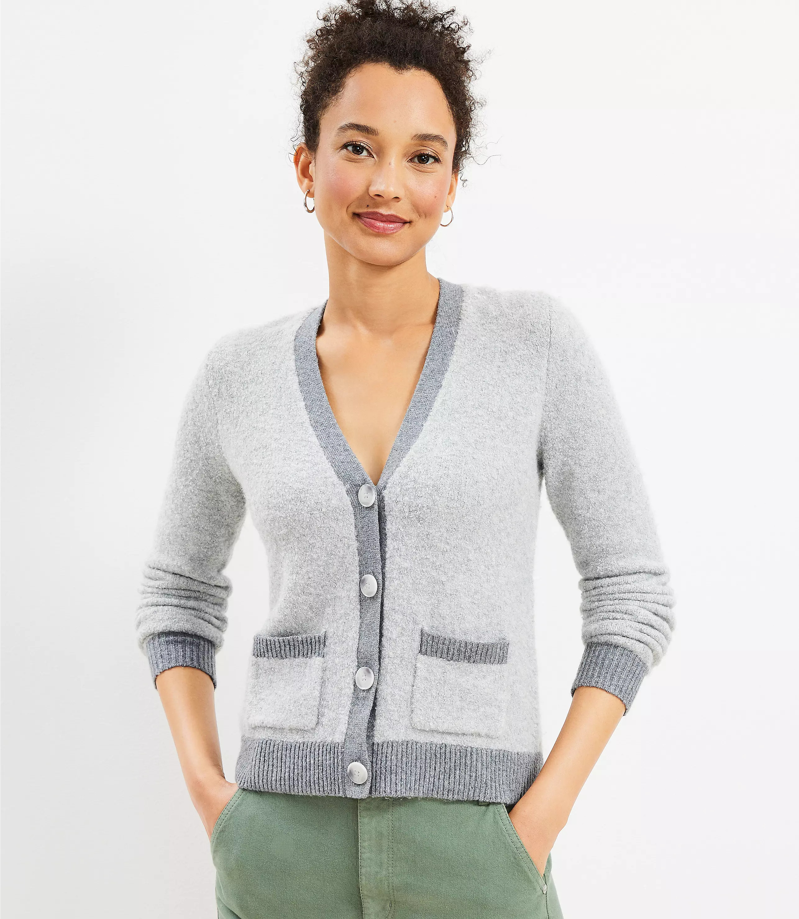 Tipped Boucle V-Neck Pocket Cardigan | LOFT
