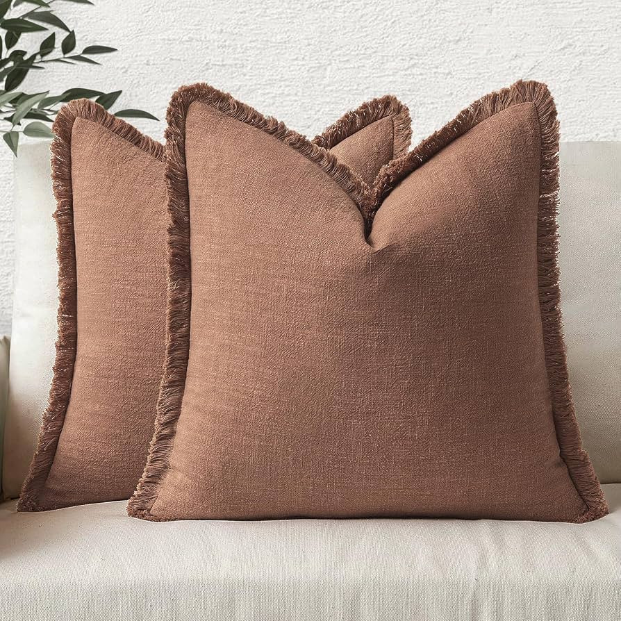 MIULEE Decorative Throw Pillow Covers Neutral Linen Fringe Throw Pillows Set of 2 Brick Boho Farm... | Amazon (US)