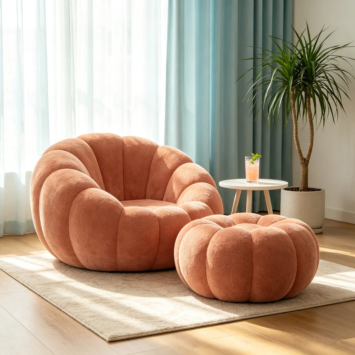 Pumpkin Boucle Lazy Sofa With Ottoman Teddy Fleece Petal Single Sofa Chair Modern Cream Accent Be... | Wayfair North America