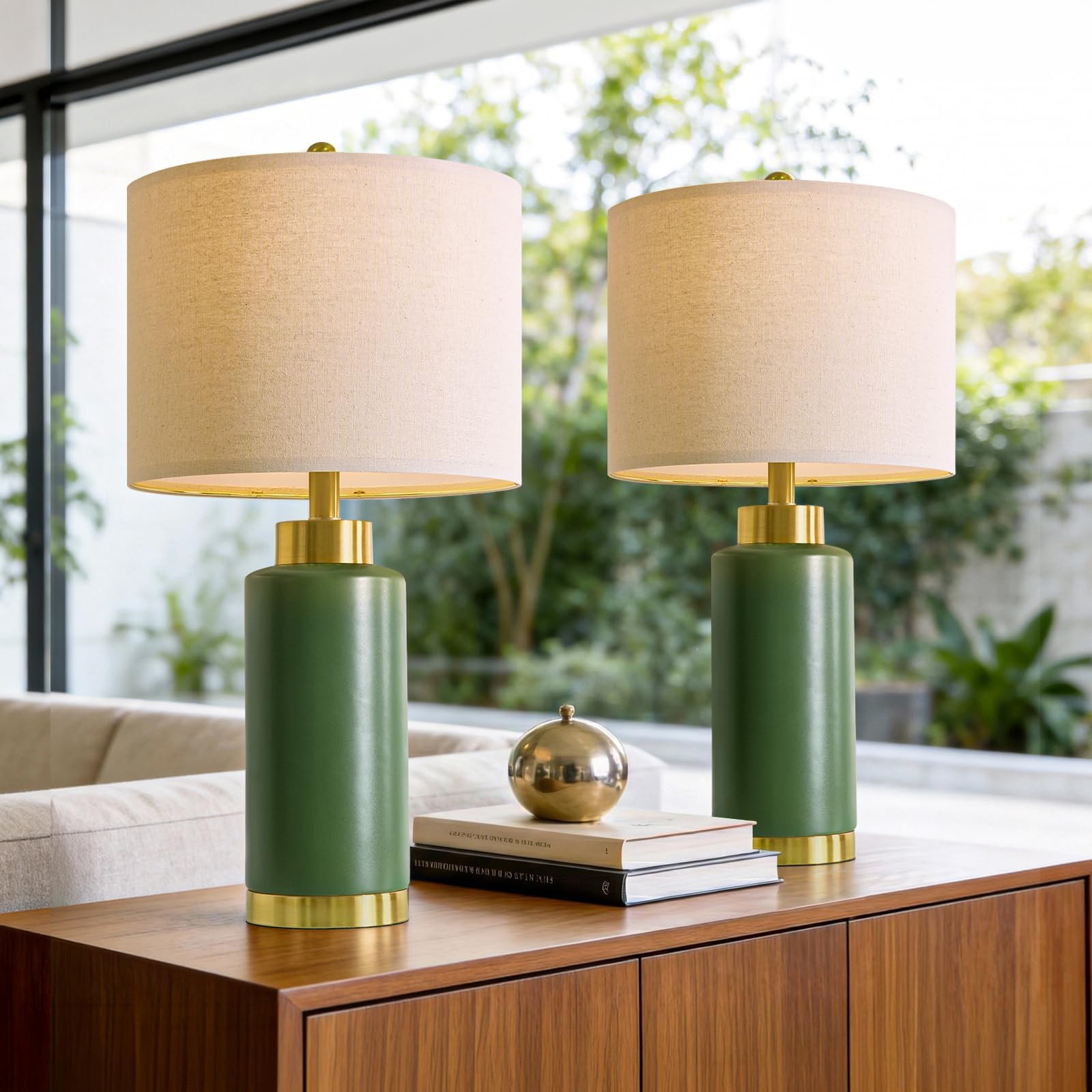 USumkky 25" Green Ceramic Table Lamp Set of 2, Modern Mid-Century Bedside Nightstand Lamps for Be... | Amazon (US)