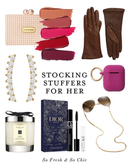 Affordable and stylish stocking stuffers for her.
-
Nordstrom - Bloomingdales - Target - purple AirPods case - gold eyeglass chain - Dior Show mascara gift set - Jo Malone candle - pave diamond ear crawler earrings - Mac matte lipstick set - women’s brown leather gloves - sale stocking stuffers 

#LTKGiftGuide #LTKstyletip #LTKunder100