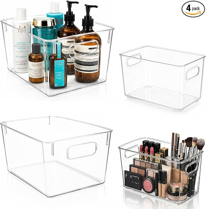 MOONEDGE Set of 4 Clear Plastic Organizer Bins, 2 Large & 2 Small Storage Bins for Pantry, Nestab... | Amazon (US)