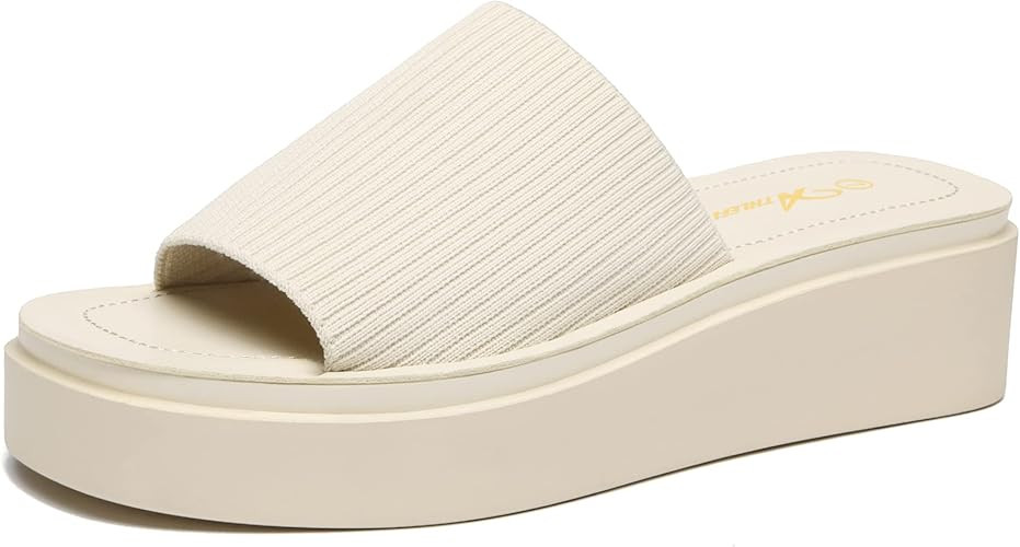 Amazon.com | Athlefit Women's Slip On Platform Sandals Comfortable Open Toe Flatform Chunky Beige... | Amazon (US)