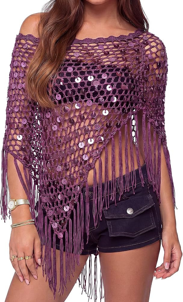Women Sheer Poncho Top See Through Sequin Fishnet Shawl Knit Shrug Shawl for Beach Party Festival... | Amazon (US)
