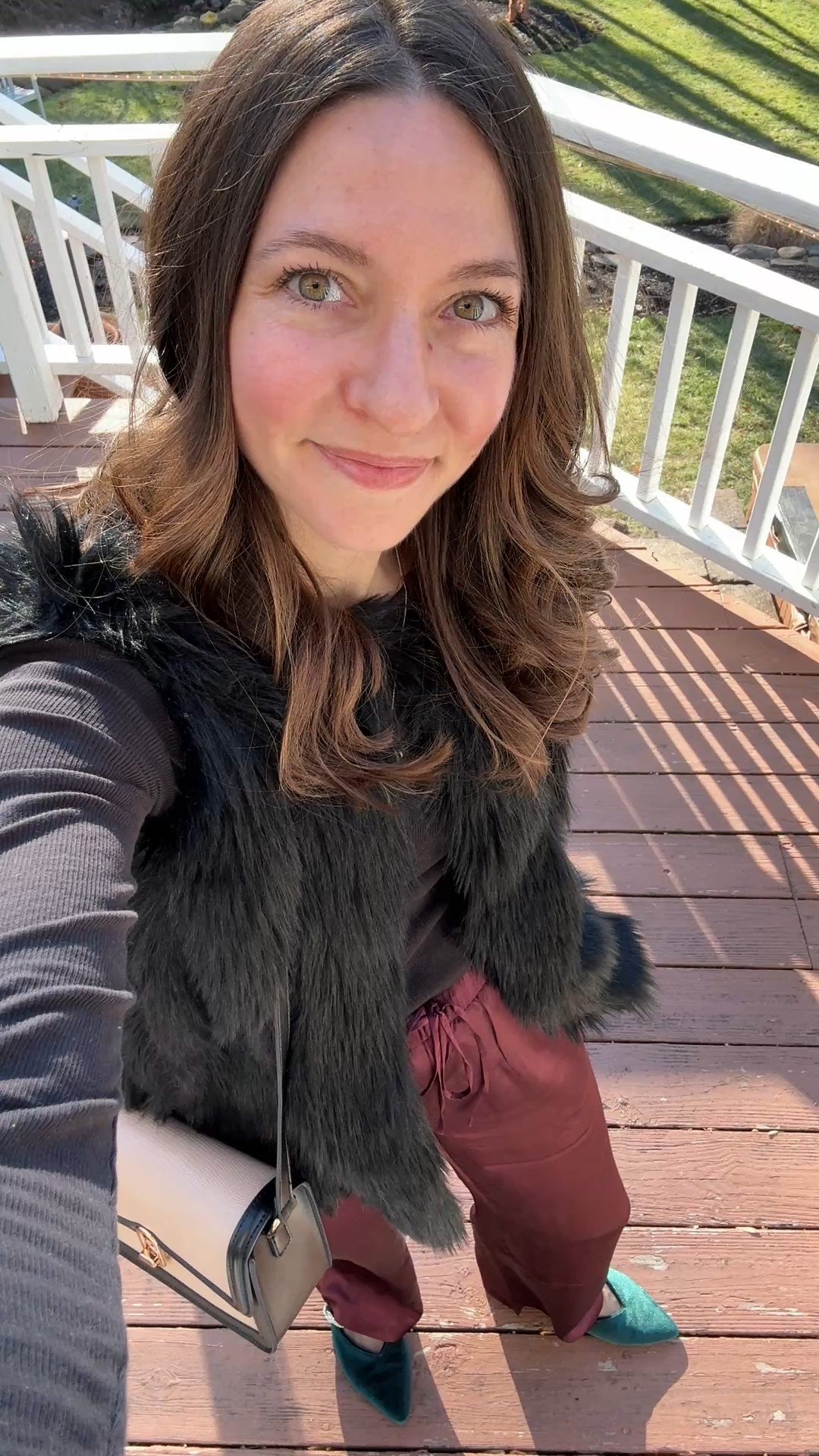 Easy holiday party outfit or switch out the green shoes for gold or silver for New Year’s! I love these washable silk pants- they’re so comfortable & work for so many occasions! And I’ve had this faux fur vest for years… it’s always a favorite around the holidays! #newyearsoutfit 

#LTKFindsUnder100 #LTKootd #LTKHoliday