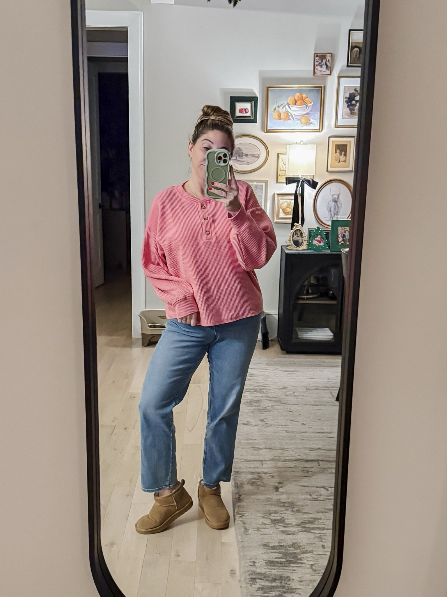 It was mostly a lazy day at home but I  still had to leave the house a couple of times so instead of changing in and out of clothes I just put on this comfy waffle henley from Old Navy and the super soft and stretchy jeans from Target 
Top L / Jeans 12 / Uggs tts

#LTKmomlife #LTKMidsize #LTKootd