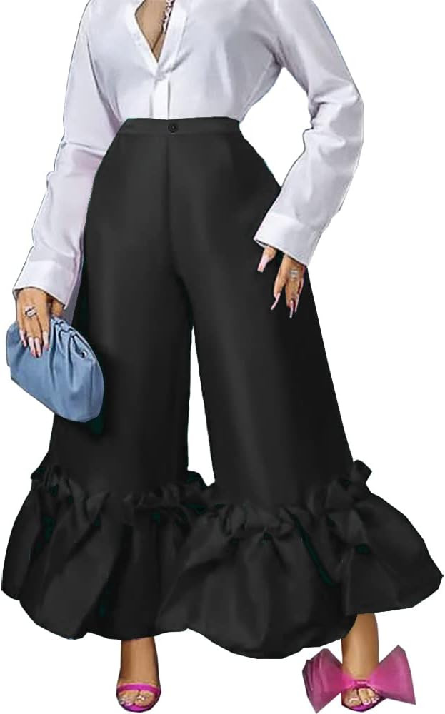 AOMEI Women's Shiny High Waist Flare Pants Wide Leg Bell Bottoms Trousers | Amazon (US)