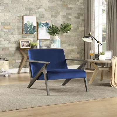 Accent Chair - Retro Style Velvet Upholstered Blue Solid Rubberwood In Stylish Offices Antique Gray Finish Modern Style Furniture | Wayfair North America