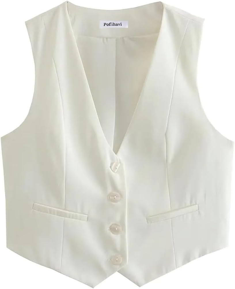 Pofihavi Cropped Suit Vest for Women 2024 Button Up Business Casual Dressy Waistcoat Vest Tops | Amazon (US)