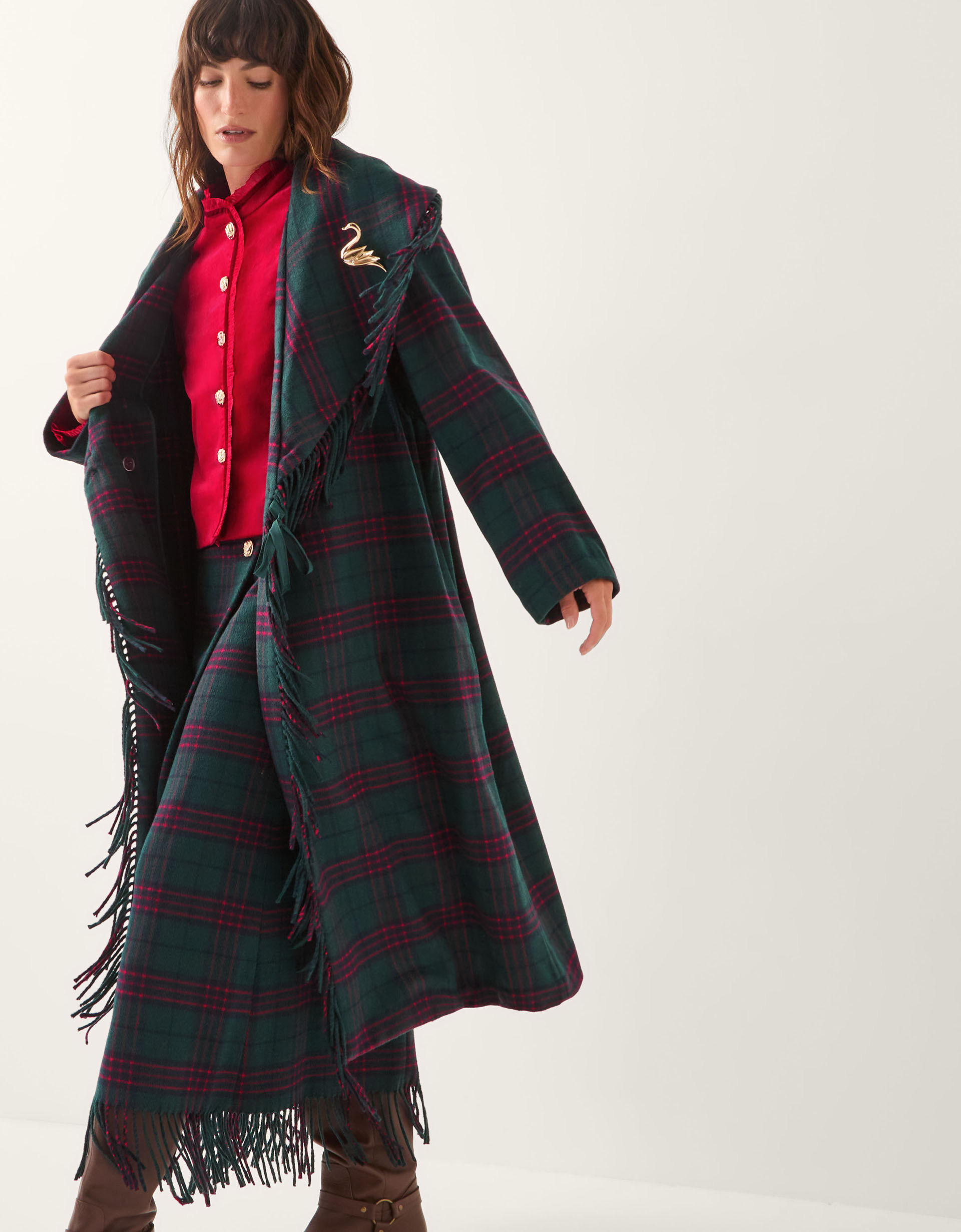 Monsoon x Sarah Corbett-Winder Tartan Fringe Coat Teal | Monsoon (UK)