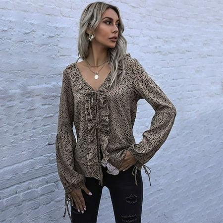 V Neck Ruffle Front Long Sleeve Cheetah Print Blouse for Women | Walmart (US)