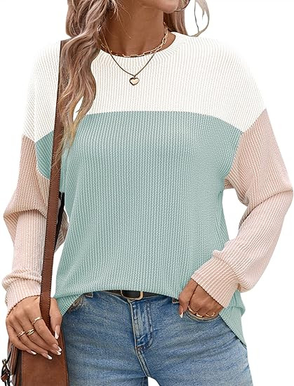 Ivicoer Womens Fashion 2024 Ribbed Long Sleeve Tops Color Block Pullover Shirts Casual Loose | Amazon (US)