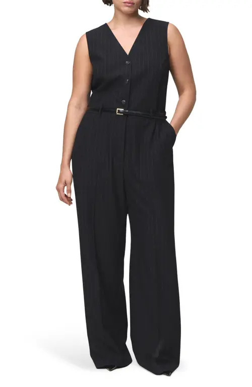 MANGO Pinstripe Sleeveless Belted Jumpsuit in Dark Navy at Nordstrom, Size 1X | Nordstrom