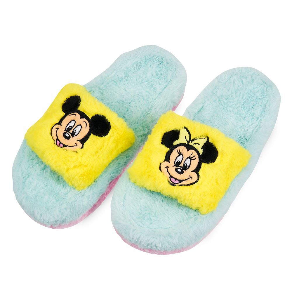 Mickey and Minnie Mouse Fuzzy Slippers for Adults | Disney Store