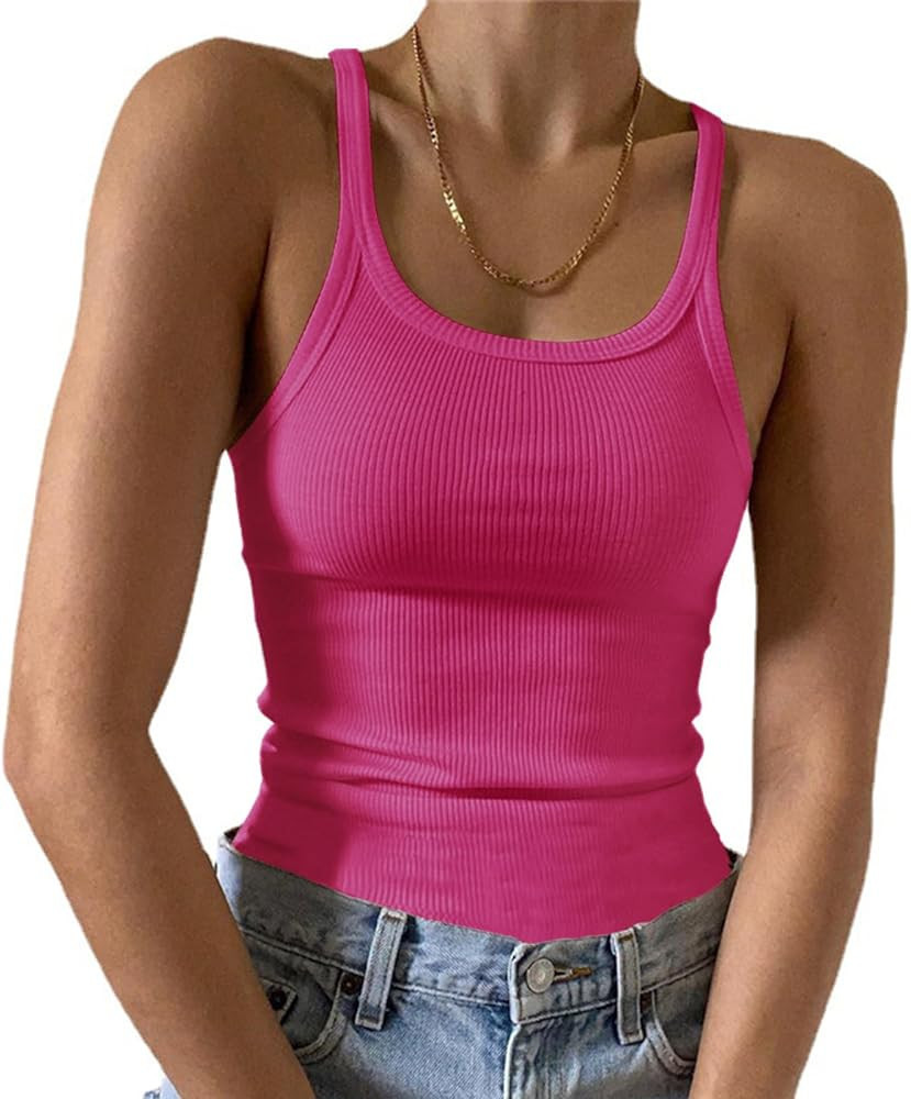 Artfish Women's Sleeveless Tank Top Form Fitting Scoop Neck Ribbed Knit Basic Cami Shirts | Amazon (US)