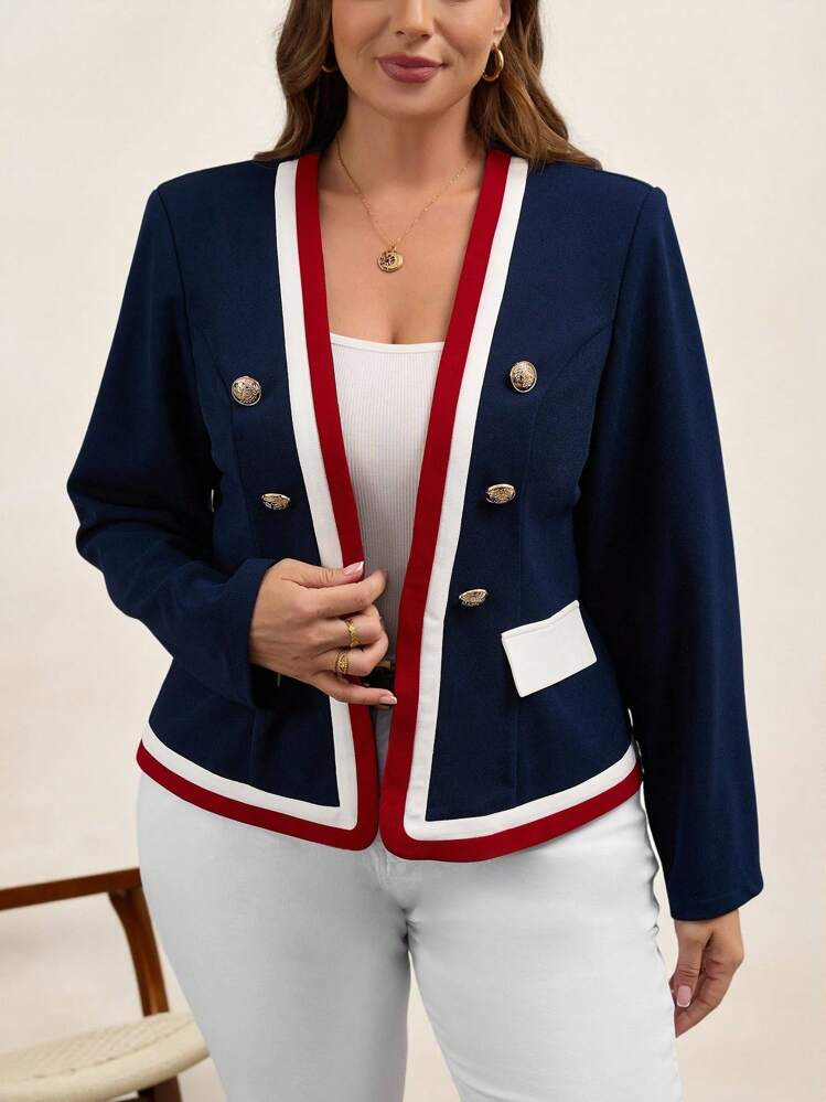 Chikora Plus Size V-Neck Striped Business Elegant Suit With Double-Breasted Long Sleeve And Pocke... | SHEIN