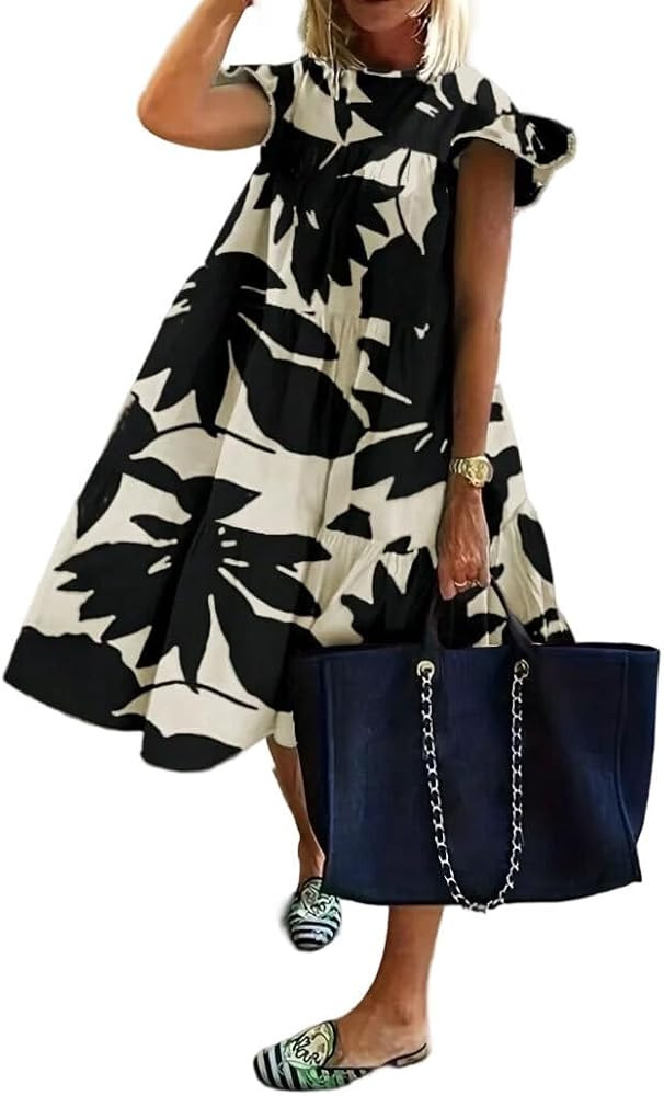 UOOZEE Women's Floral Printed Babydoll Midi Dress Loose Swing Tiered Casual Beach Vacation Dress | Amazon (US)