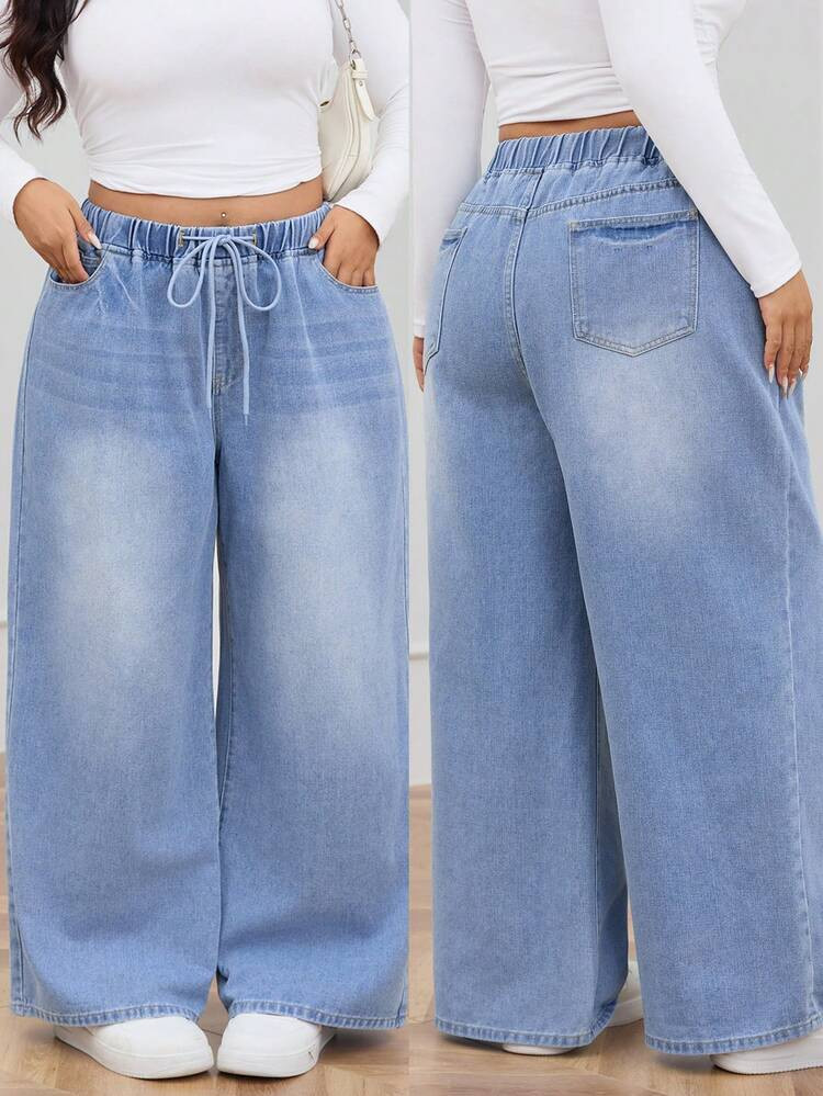 Plus Size Women High Waist Drawstring Straight Leg Jeans, Casual Daily Wear Long Pants For Summer Outings Spring | SHEIN Curve | SHEIN