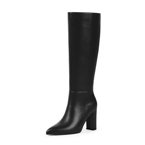Modatope Black Boots Chunky Heel Pointed Toe Knee High Boots Women Block Heel Side Zipper Tall Boot Fall Dress Tall Boot Size 8.5 | Amazon (US)