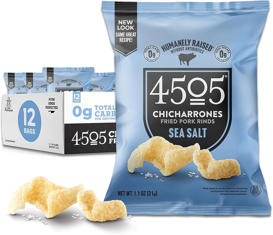 4505 Sea Salt Seasoned Chicharrones, Fried Pork Rinds - Sea Salt Flavored Pork Skins - Low Carb, ... | Amazon (US)