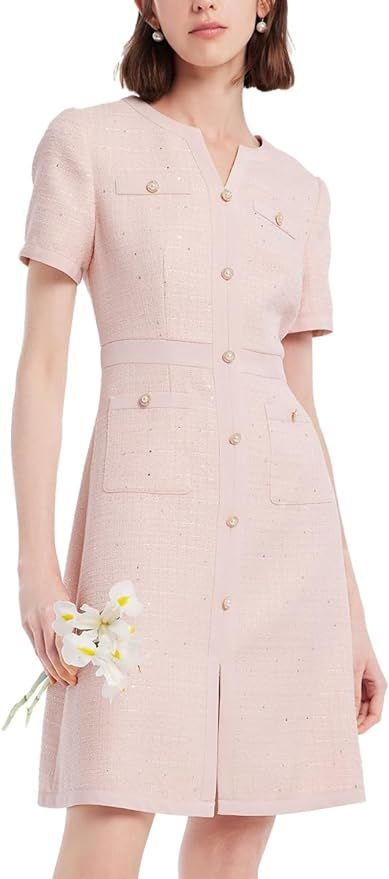 Mini Dress V-Neck Short Sleeve Slim Fit Silver Sequins Tweed Dress Work Dinner Business | Amazon (US)