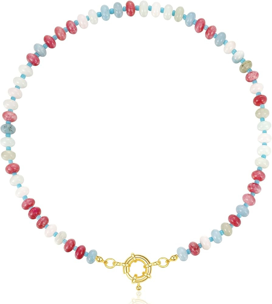 KissYan Beaded Gemstone Necklace for Women, Colorful Boho Bead Choker Necklace Natural Stone Fres... | Amazon (US)