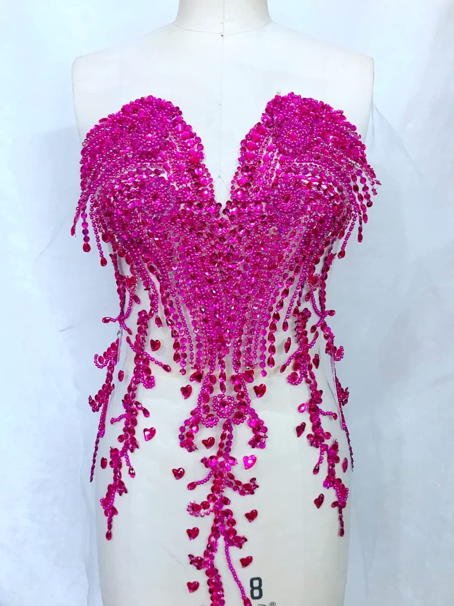 Handmade Dazzing Rhinestones Applique On White Mesh Trim Patches 62 * 36cm for Dressing Clothes Accessory (Color : Rose) | Amazon (US)