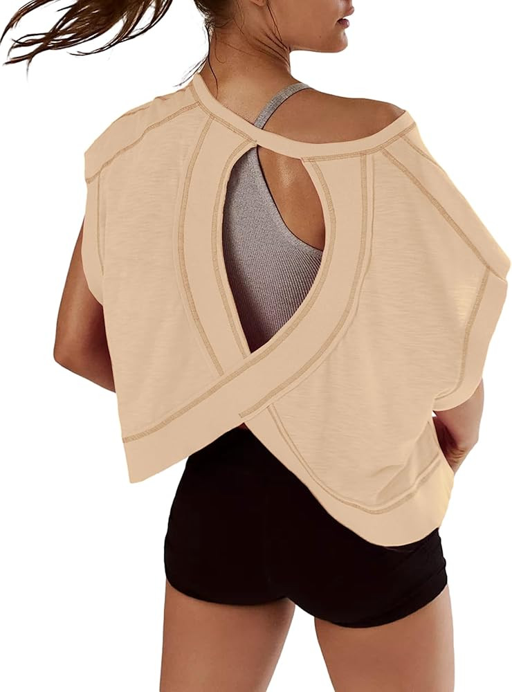 Women Short Sleeve Workout Shirts Open Back Tops Casual Yoga Y2k Athletic Gym Slouchy Crop Runnin... | Amazon (US)