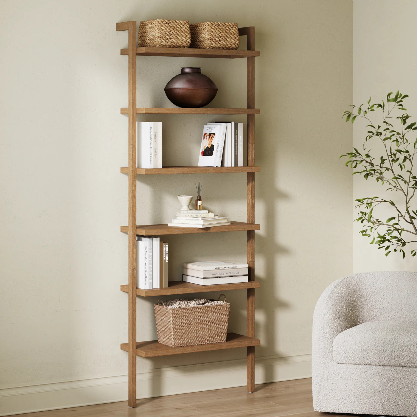 Modern 6-Shelf Wall Mounted Solid Wood Bookcase Light Brown | Nathan James
