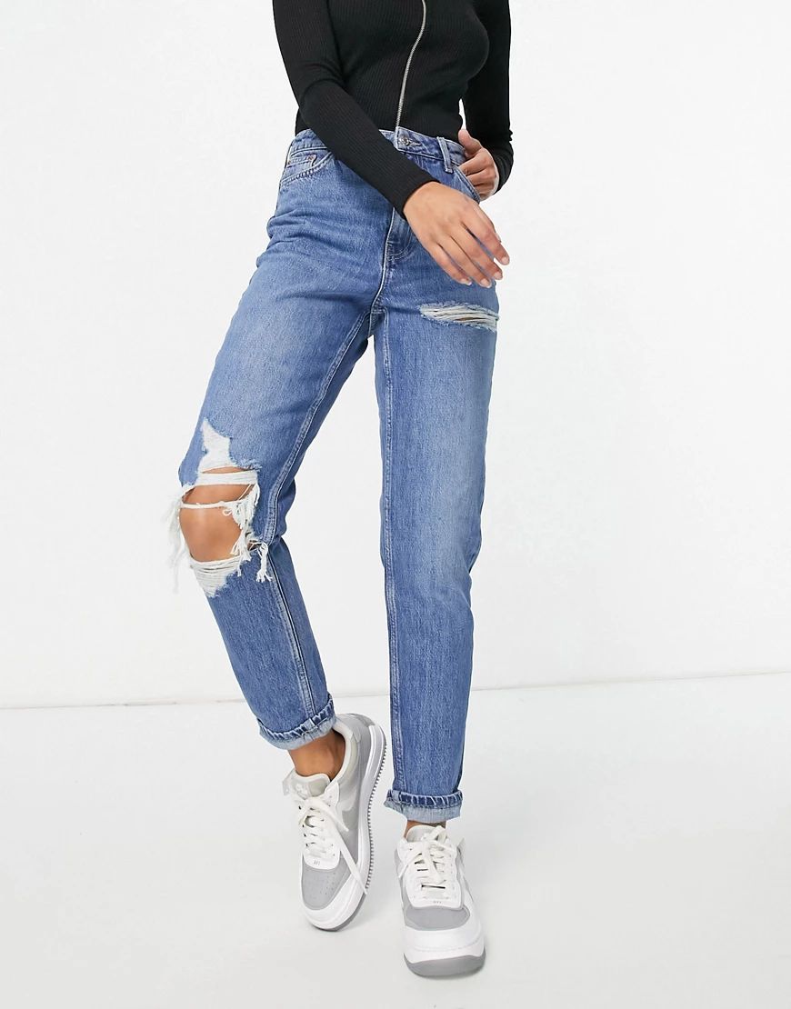 Topshop mom jeans with knee and thigh rips in mid blue-Blues | ASOS (Global)