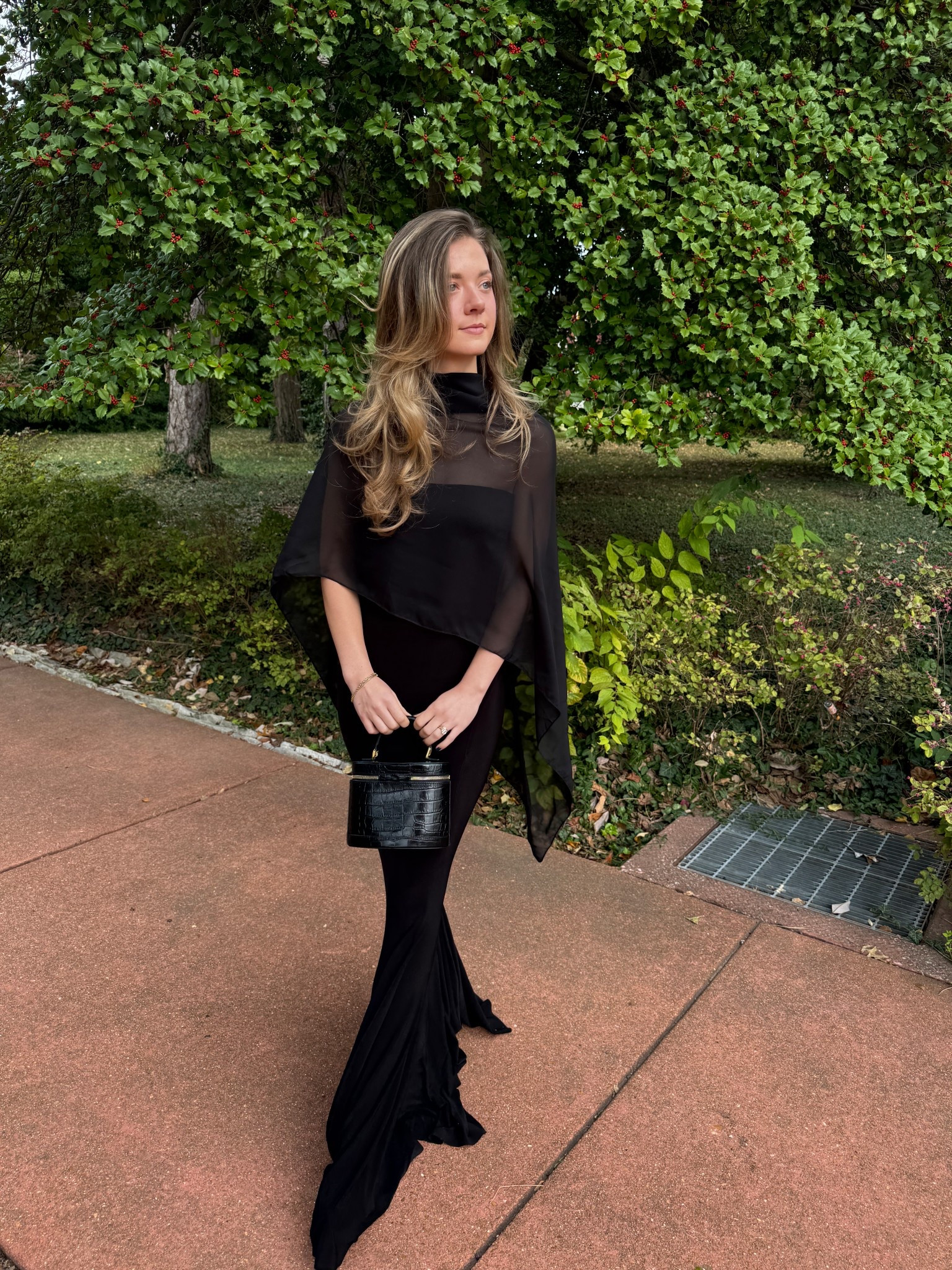 wearing a small in the dress, I’m 5’7 and didn’t get it tailored and it’s definitely too long even with the giant heels I wore here lol

The chiffon scarf is tied behind me with a clear elastic to make it into a cape! I also linked a cape I found that looks the same just minus the diy tie and such hahah