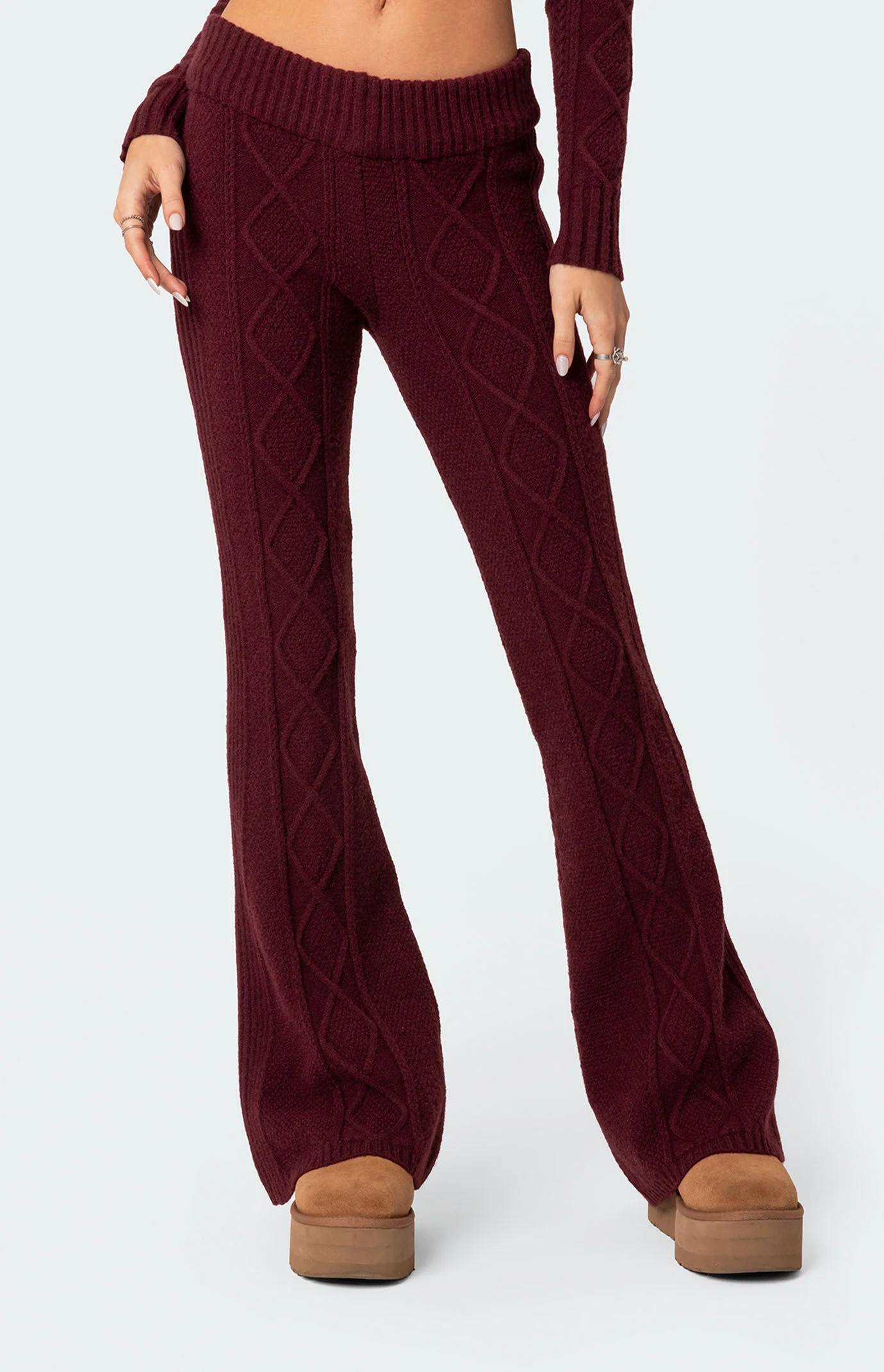 Edikted Women's Ray Cable Knit Flared Pants in Burgundy - Size Medium | PacSun