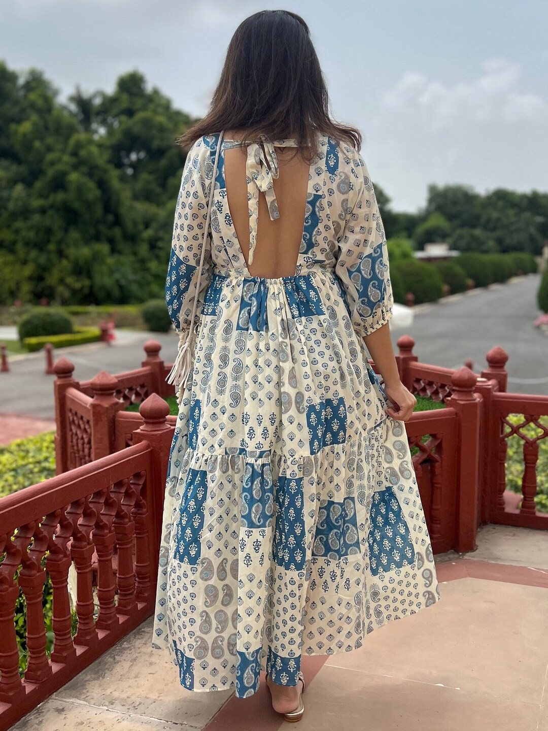 Hand Block Print Cotton Freesize Dressblue & White Block Print Floral Dress handmade Jaipuri Prin... | Etsy (US)