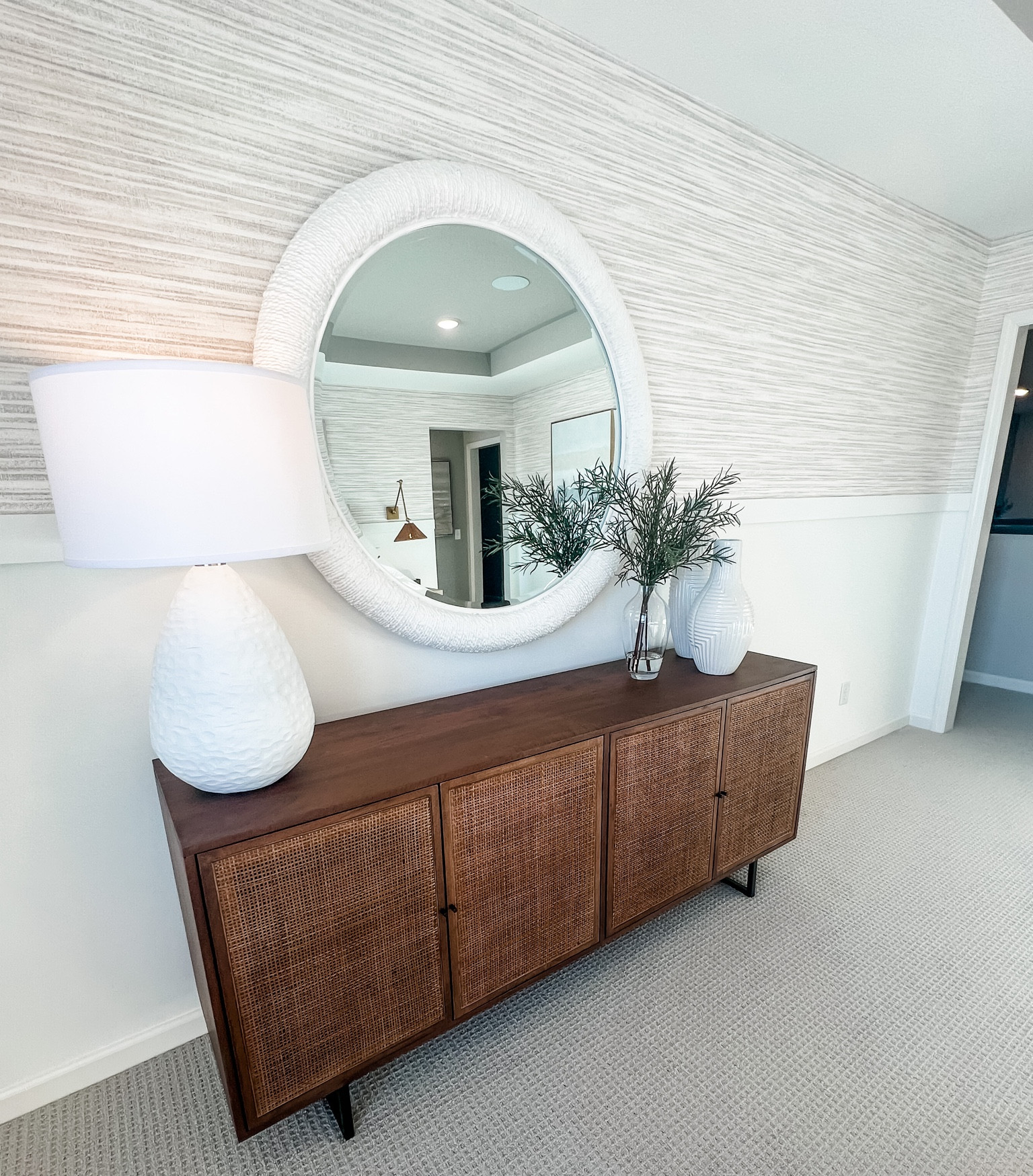 Bedroom furniture, bedroom credenza, Buffett, sideboard, cabinet, mirror, round mirror, modern, lamp, room storage, vase, faux plant. 

#LTKstyletip #LTKunder100 #LTKhome